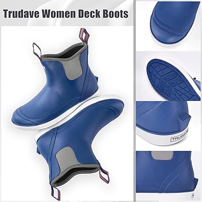 Front view of Trudave DeckFlow Series women’s ankle waterproof rubber deck boots in legion blue showing slip-resistant sole, reinforced toe and collar stitching, and 100% waterproof construction for fishing and boating use